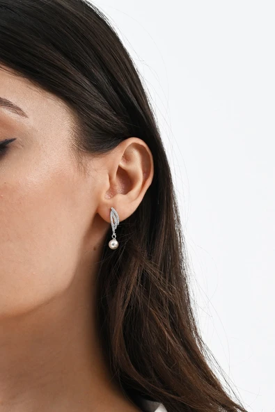 Gümüş rodyumlu zirkon taşlı sallantılı inci küpe SGTL13021RODAJ - Resim 2