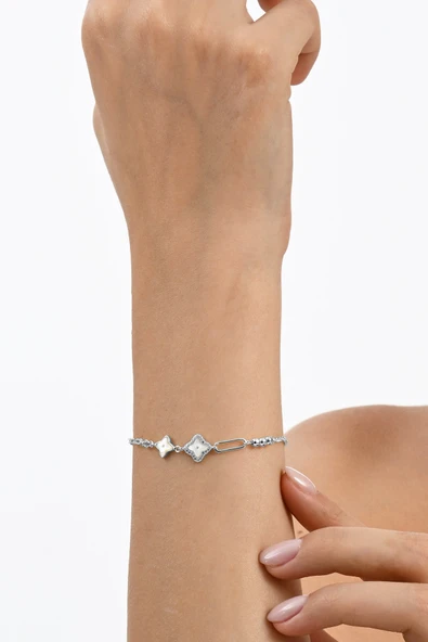 925 ayar gümüş rodyumlu ataç zincir detaylı ikili yonca gümüş bileklik SGTL13062RODAJ - Resim 2