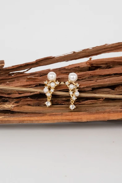 Gümüş altın yaldızlı zirkon taşlı incili salkım modeli küpe SGTL13026GOLD - Resim 4