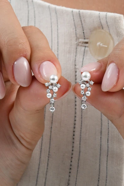 Gümüş rodyumlu zirkon taşlı incili salkım modeli küpe SGTL13026RODAJ - Resim 2