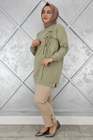 KADIN DÜĞME TAŞ DETAYLI BİYELİ TESETTÜR TUNİK - Resim 6