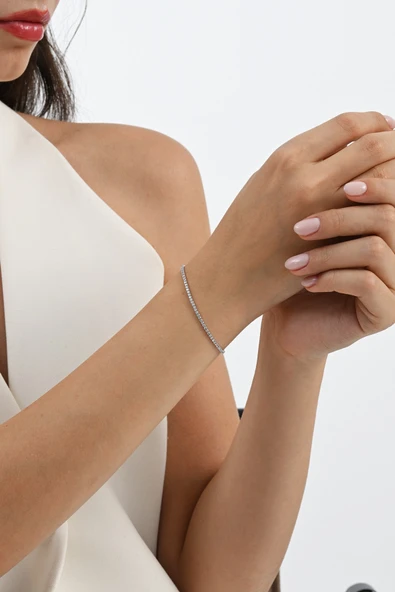 Gümüş rodyumlu zirkon taşlı pırlanta montürlü su yolu asansörlü  bileklik SGTL12731RODAJ - Resim 4