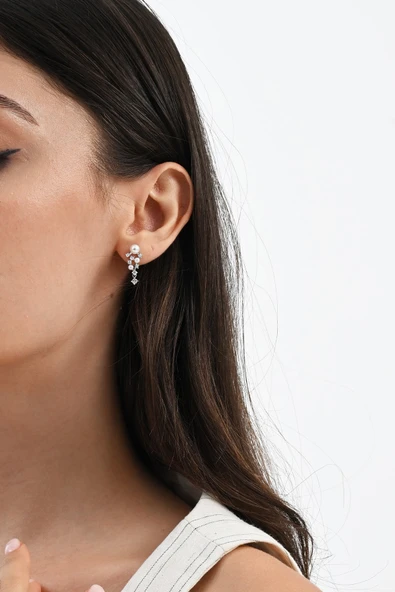 Gümüş rodyumlu zirkon taşlı incili salkım modeli küpe SGTL13026RODAJ - Resim 3