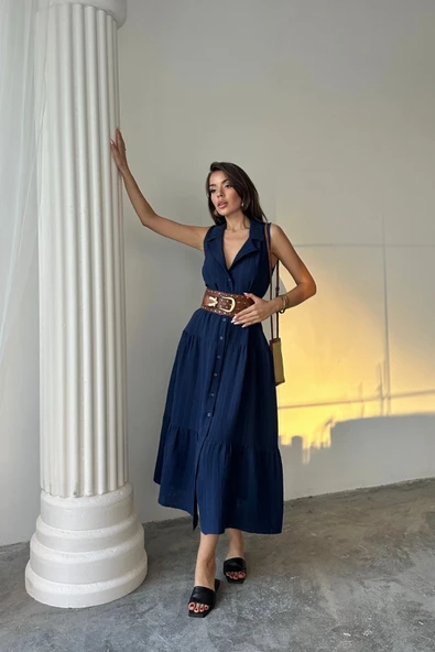 MÜSLİN ELBİSE GÖMLEK YAKA KOLSUZ ÖNDEN DÜĞMELİ - Lacivert - Resim 2