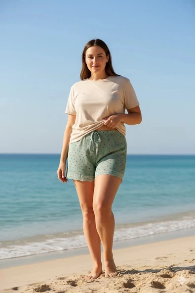 Düz Renk Mini Çiçek Desenli Penye Kadın Ev Şortu Bacak Dantel Detaylı Ev Giyim Yeşil - 4