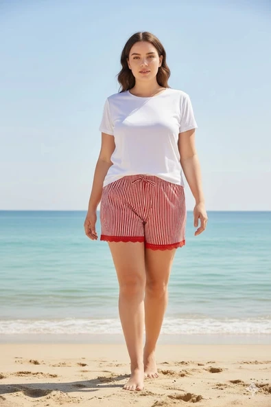 Çizgili Penye Kadın Ev Şortu Bacak Dantel Detaylı Ev Giyim Kırmızı - 4