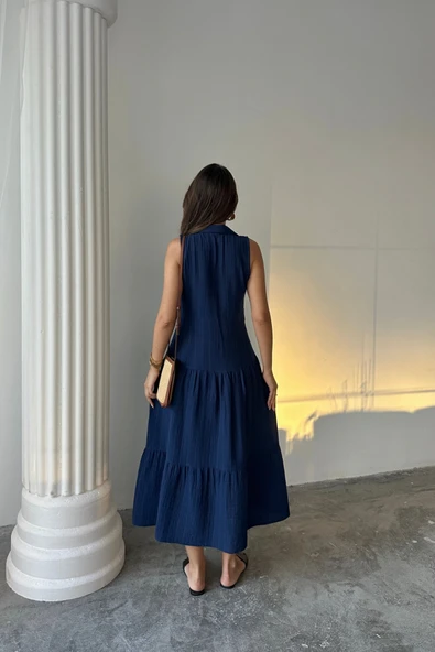 MÜSLİN ELBİSE GÖMLEK YAKA KOLSUZ ÖNDEN DÜĞMELİ - Lacivert - Resim 4