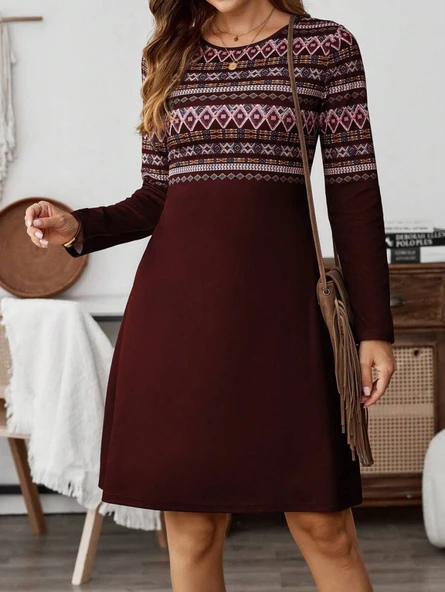 Kadın Uzun Kollu Bisiklet Yaka Etnik Desenli Kısa şardonlu Dalgıç Elbise - Resim 3