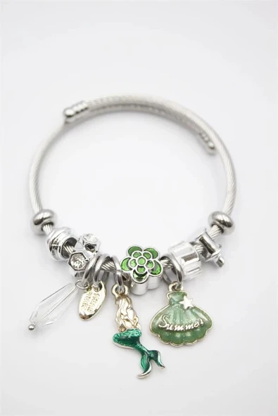 Çelik Charmlı Deniz Kızı Bileklik - Yeşil - 2
