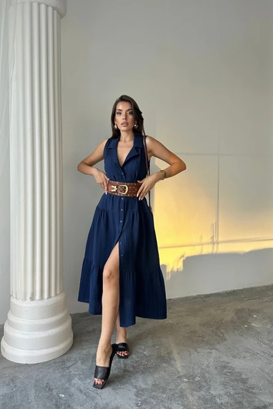 MÜSLİN ELBİSE GÖMLEK YAKA KOLSUZ ÖNDEN DÜĞMELİ - Lacivert ürün görseli 1