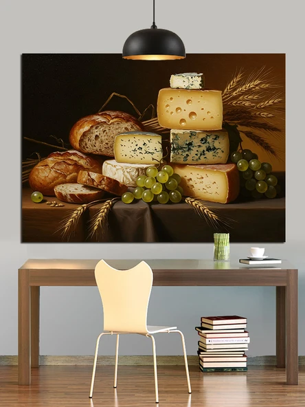 Çeşitli Peynir Ve Ekmek Natürmortu Dekoratif Kanvas - Mdf Ahşap Tablo - 3