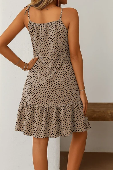 Kadın Boyundan Askılı Desenli Fırfırlı Süprem Elbise - Resim 3