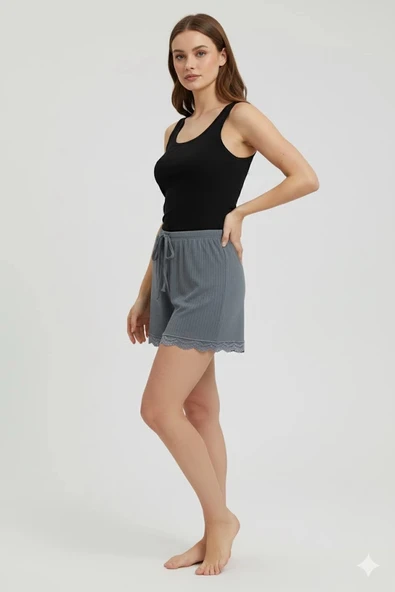 Bambu Fitilli Kadın Ev Şortu Bacak Dantel Detaylı Ev Giyim Gri - 2