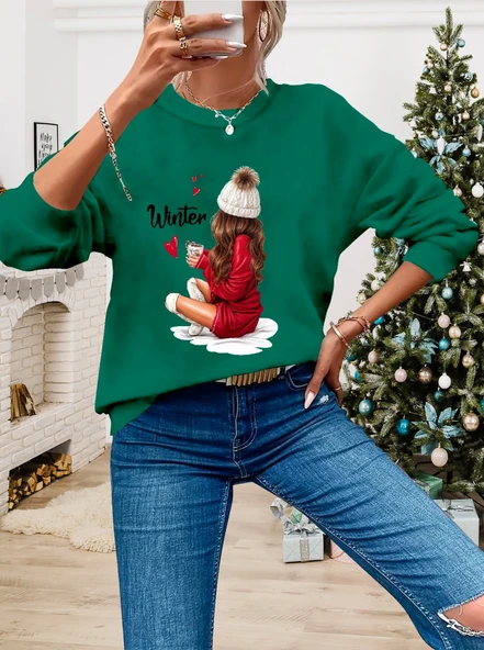 Kadın Yılbaşı özel Uzun Kollu Bisiklet Yaka Desenli Viskon Iki Iplik Bluz ürün görseli 1