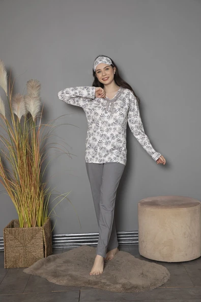 Tekten 200 Çiçek Desenli Uzun Kollu Kadın Pijama Takımı - Resim 2