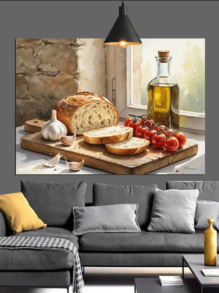 Ekmek Zeytinyağı Domates Zeytin Dekoratif Kanvas - Mdf Ahşap Tablo - 2