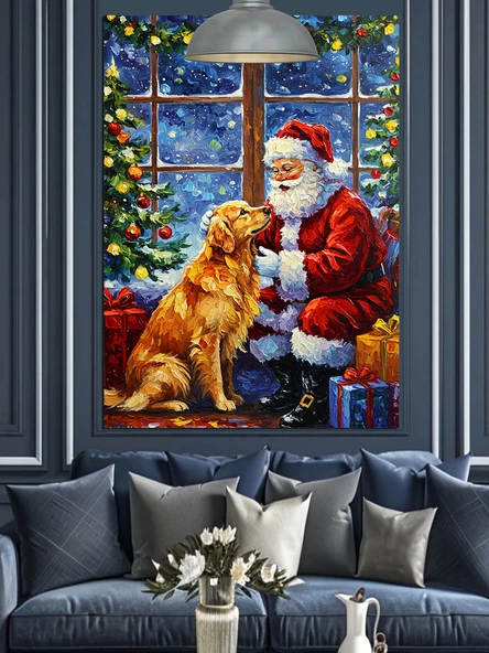 Noel Baba Köpeğiyle Birlikte Oturuyor Dekoratif Kanvas - Mdf Ahşap Tablo ürün görseli 1