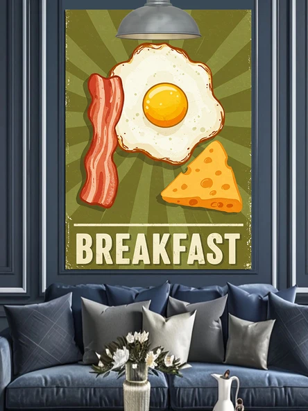 Kızarmış Yumurta Peynir Ve Pastırma Sabah Kahvaltısı Temalı Dekoratif Kanvas - Mdf Ahşap Tablo