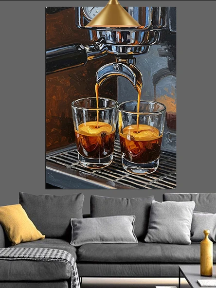 Kahve Yapma Süreci Espresso Makinesi Barista Dekoratif Kanvas - Mdf Ahşap Tablo