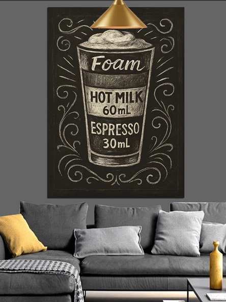 Kahve Temalı Espresso Ve Sıcak Süt Ölçüsü Dekoratif Kanvas - Mdf Ahşap Tablo