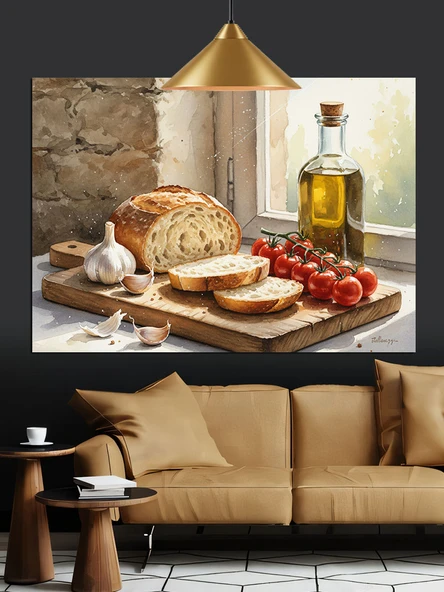 Ekmek Zeytinyağı Domates Zeytin Dekoratif Kanvas - Mdf Ahşap Tablo