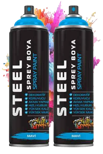 Mavi Sprey Boya 200 ml 2 Adet Hızlı Kuruyan Profesyonel Ahşap Plastik Demir Metal Cam Porselen Duvar Renkli