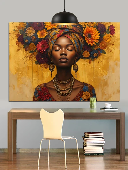 Afrika Kolye Takan Kadın Portresi Dekoratif Kanvas - Mdf Ahşap Tablo