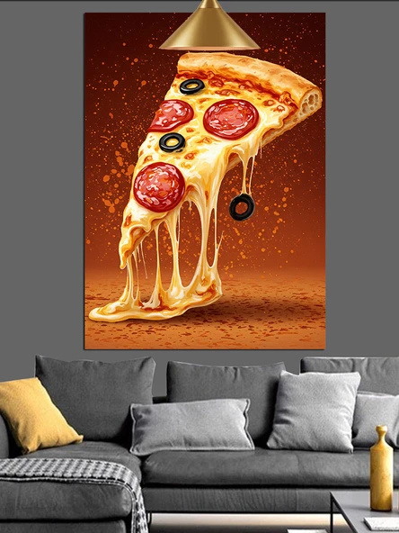 Bütün Bir Pizza Üzerinde Peynir Erimesi Dekoratif Kanvas - Mdf Ahşap Tablo