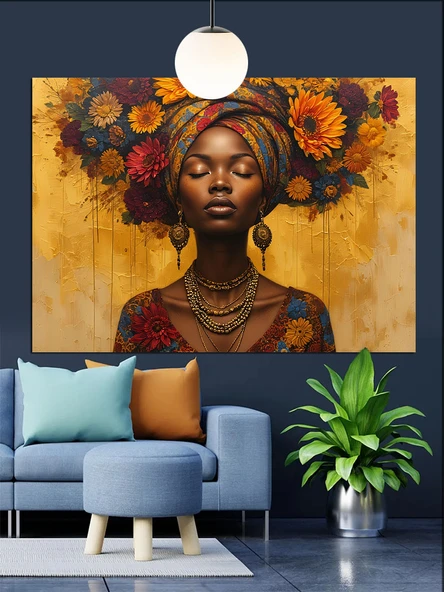 Afrika Kolye Takan Kadın Portresi Dekoratif Kanvas - Mdf Ahşap Tablo - 2
