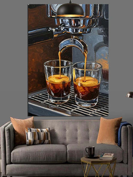 Kahve Yapma Süreci Espresso Makinesi Barista Dekoratif Kanvas - Mdf Ahşap Tablo - 3