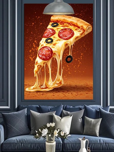 Bütün Bir Pizza Üzerinde Peynir Erimesi Dekoratif Kanvas - Mdf Ahşap Tablo - 2