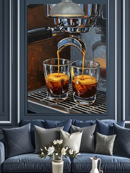 Kahve Yapma Süreci Espresso Makinesi Barista Dekoratif Kanvas - Mdf Ahşap Tablo - 2