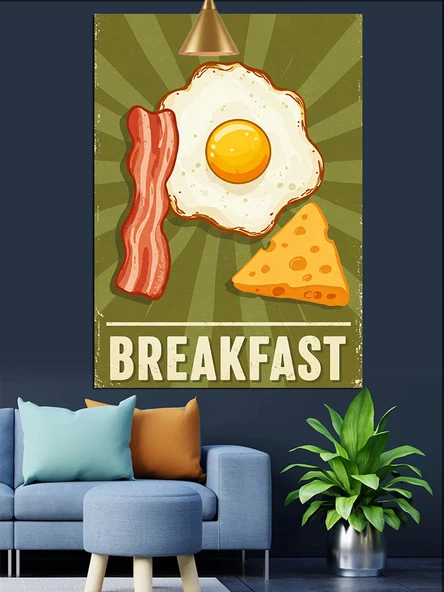 Kızarmış Yumurta Peynir Ve Pastırma Sabah Kahvaltısı Temalı Dekoratif Kanvas - Mdf Ahşap Tablo - 3