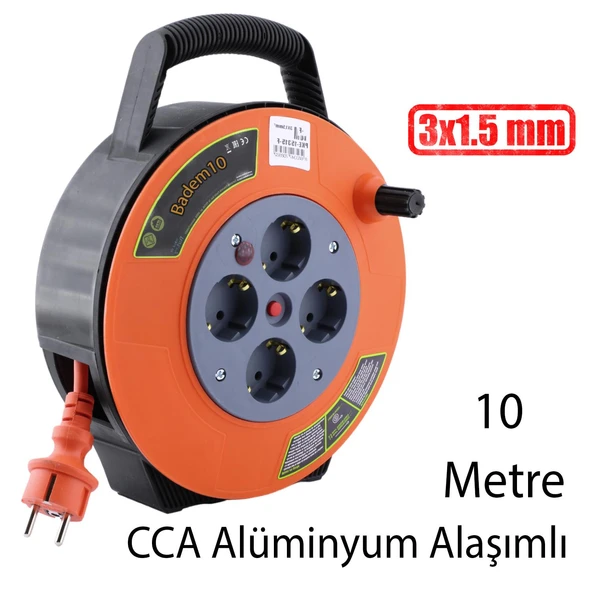 Mini Kutulu Plastik Makaralı Seyyar 3x1.5 mm CCA Monofaze Uzatma Kablosu 4 Priz TTR Kablo 10 Metre - Resim 4