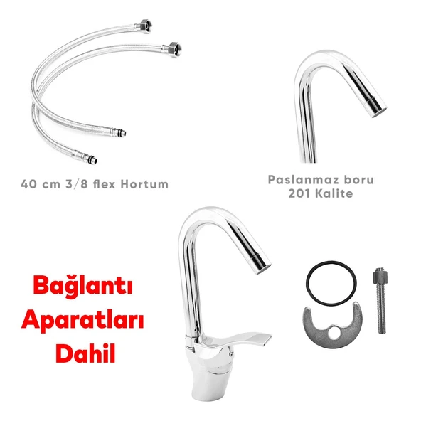 Kuğu Batarya Duş Bulaşık Musluğu Lavabo Banyo Mutfak Bataryası Mermer Üstü Çift Su Giriş Evye Kısa - Resim 3