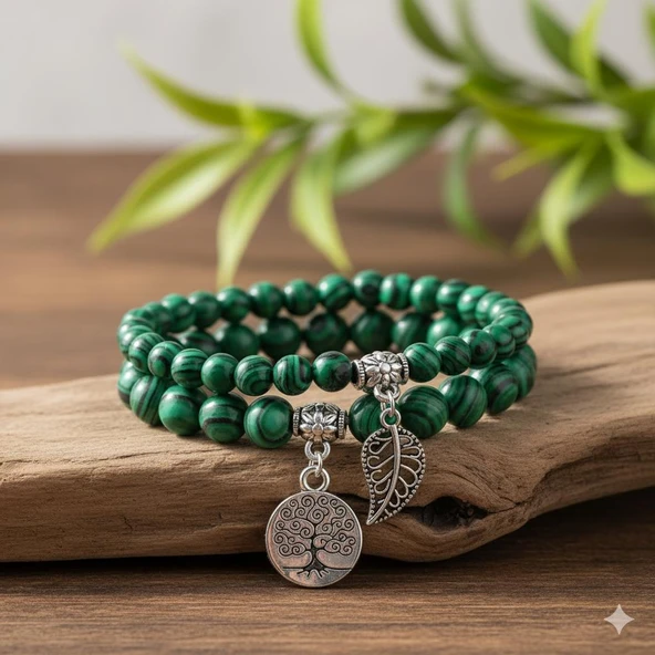 Valkyrie Doğal Malakit Taşı Bileklik Seti – Hayat Ağacı & Yaprak Charm | Enerji Dengeleyici, El Yapımı - 5