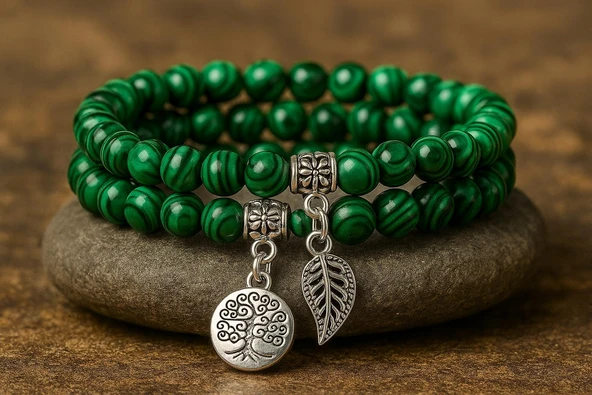 Valkyrie Doğal Malakit Taşı Bileklik Seti – Hayat Ağacı & Yaprak Charm | Enerji Dengeleyici, El Yapımı - 2