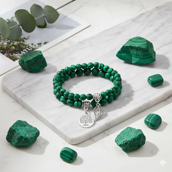 Valkyrie Doğal Malakit Taşı Bileklik Seti – Hayat Ağacı & Yaprak Charm | Enerji Dengeleyici, El Yapımı - 4