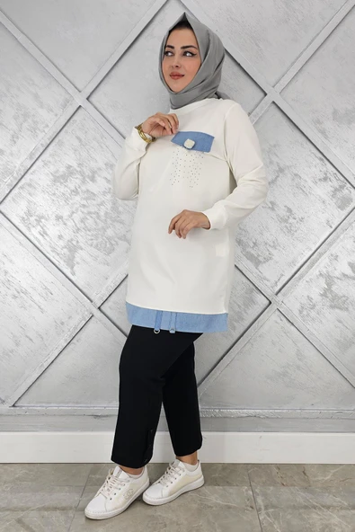 KADIN BROŞ VE KOMBİN DETAYLI TESETTÜR TUNİK - Resim 3