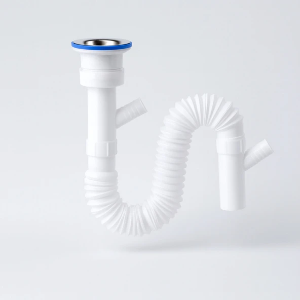 Çift Çıkışlı Lavabo Sifonu Körüklü Hortum Çamaşır ve Bulaşık Makinesi Uyumlu Süzgeç Koku Yapmaz - Resim 6
