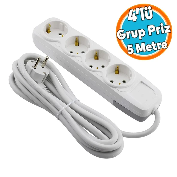 5 Metre Kablolu 4'lü Topraklı Grup Priz Fiş Çoğaltıcı Çoklu Uzatma Kablosu Anahtarsız ürün görseli