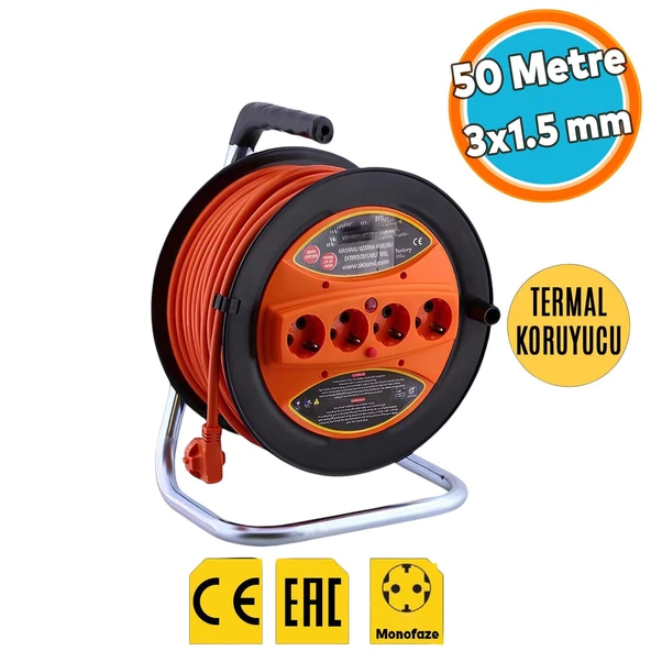 Makaralı Uzatma Kablosu CCA 3x1.5 mm 50 Metre Plastik Seyyar 4 Prizli Monofaze Termal Sigortalı ürün görseli