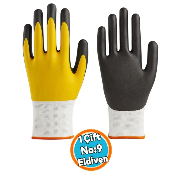 İş Güvenlik İnşaat Eldiveni (Sarı-Siyah) No:9 L Beden Çift Nitril Polyester Double Nitril ürün görseli