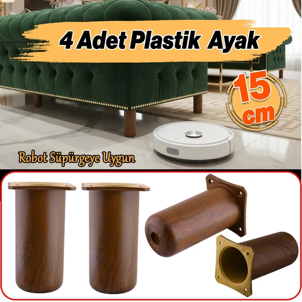 4 Adet Mobilya Kanepe Koltuk Baza Yükseltici Yükseltme Ayağı Ayakları Plastik Kestane Kahvesi 15 cm - Resim 3