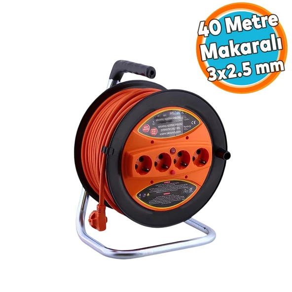 Seyyar Makaralı CCA Uzatma Kablosu 3x2.5 mm 40 Metre Termal Sigortalı Plastik 4 Prizli Monofaze ürün görseli