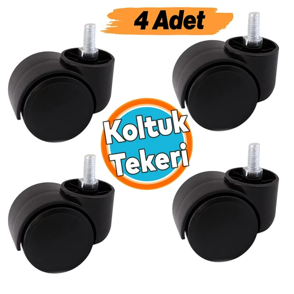 4 Adet Dönerli Koltuk Tekeri M8 Civatalı Siyah Renk Dayanıklı Plastik Mobilya Sandalye Ofis Tekerlek ürün görseli