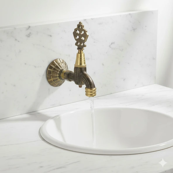 Pirinç Döküm Osmanlı Motifli Musluk Bahçe Çeşme Şadırvan Balkon İçin Dekoratif Otantik Musluk - Resim 2