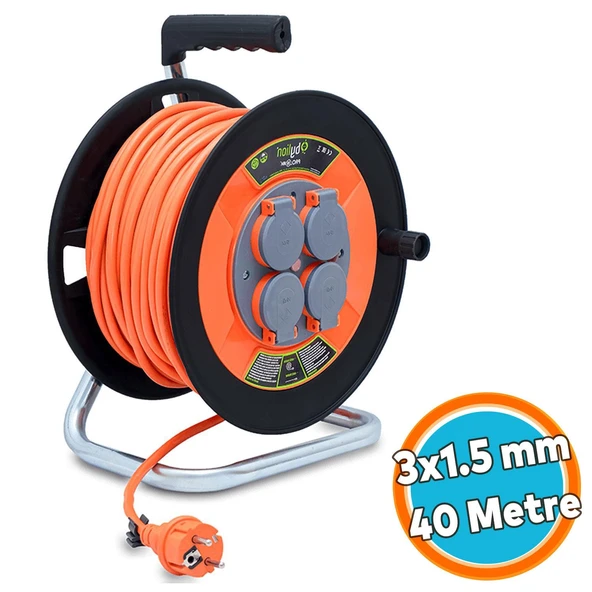 Seyyar Makaralı Kablo Kapaklı 4 Prizli Plastik Uzatma Kablosu 3x1.5 mm CCA Kablo 35 Metre