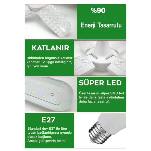 Beş Pervaneli Tasarruflu Ampul 72 W Led Lamba Beyaz E27 Duy 6480 Lümen Uzun Ömürlü 220 Volt 1 Adet - 5