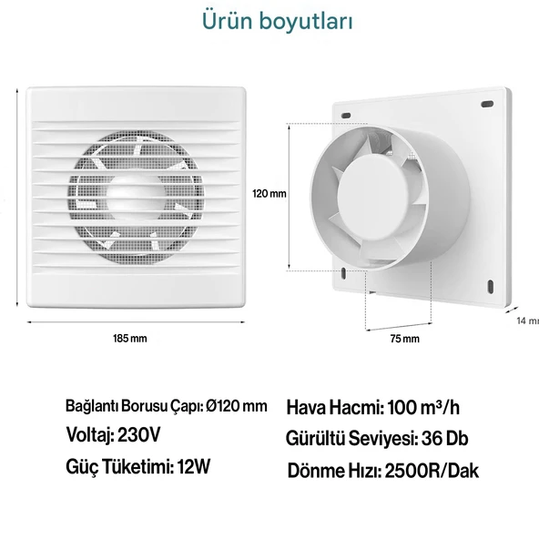 Elektrikli Wc Mutfak Büro Banyo Havalandırma 120 mm Aspiratör Fan Kirli Hava Kötü Koku Fanı 120 mm - Resim 2